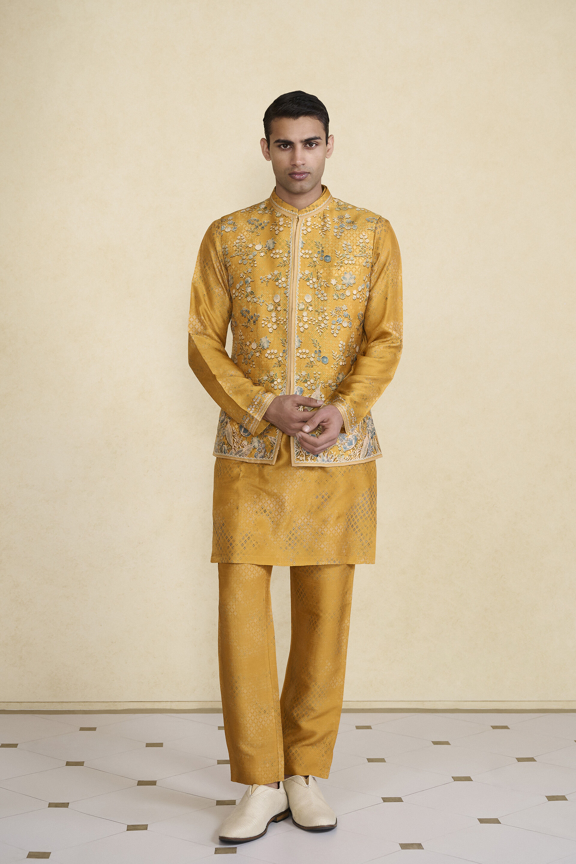Zarghun Printed Silk Nehru Jacket - Mustard, Mustard, image 1